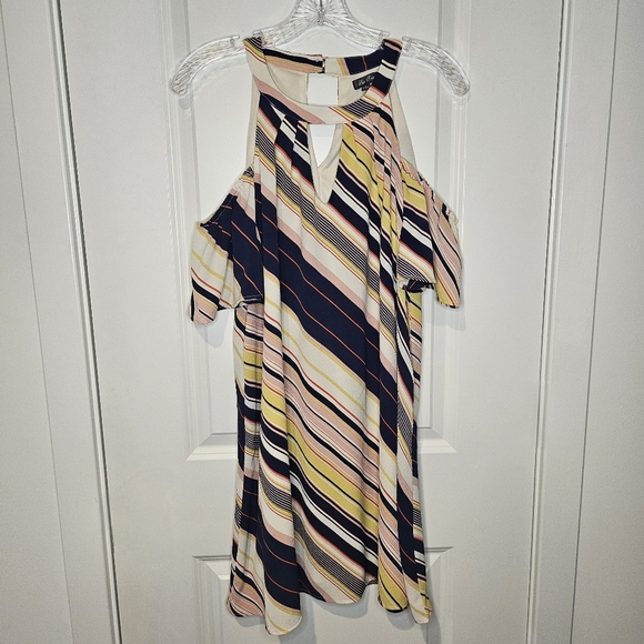 Lily Rose Blue Pink Butter Yellow Striped Cold Shoulder Keyhole 70s Dress Size L - Picture 11 of 11